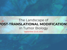 The Landscape of Post-Translational Modifications in Tumor Biology Workshop banner with post-translational modification structures overlaying an image of a tumor