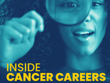 NCI Inside Cancer Careers podcast cover art. Young woman looks through a magnifying glass.