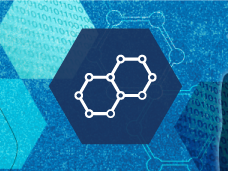 Abstract graphic showing a molecular structure on a hexagonal background. The background includes various shades of blue and binary code patterns.