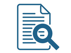 Icon depicting a paper with a magnifying glass to represent scientific review