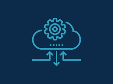 Dark blue background with lighter blue icon of a cloud with data going in and out