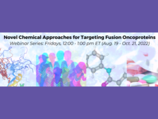 Novel Chemical Approaches for Targeting Fusion Oncoproteins; Webinar Series (Fridays, 12:00 - 1:00 pm ET (Aug. 19 - Oct. 21, 2022); images of molecular structures, medicine, and children.