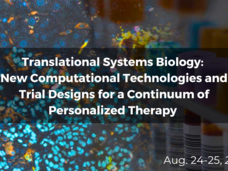 Translational Systems Biology: New Computational Technologies and Trial Designs for A Continuum of Personalized Therapy; Aug. 24-25, 2023; overlaying a MINERVA image of a tumor (left) and an image of clinical blood samples in tubes (right).
