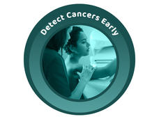 A teal green, circular icon with a photo of a health care professional standing behind a woman, who she is helping position at a mammogram machine. Above them are the words Detect Cancers Early.