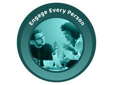 A bluish green, circular icon with a photo of woman explaining something to an attentive man. Above them are the words Engage Every Person.