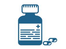 Icon representing treatment with a pill bottle next to 2 pills