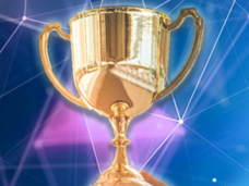 A trophy in front of a blue connected dot background.