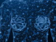 A low-poly torso design of a female made of interconnected lines and points on a blue background. 