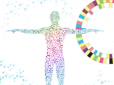 Colorful graphic with silhouette of man with outstretched arms overlapping a circle representing genes and DNA.