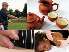 Photo collage of cups of green tea, woman receives a massage, acupuncture is given, and man practices tai chi.