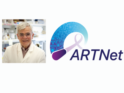 Photo of Dr. Michael Gottesman in a lab coat on the left and the Acquired Resistance to Therapy Network (ARTNet) image with an illustration of a lavender ribbon ending in a pill and molecular icons on the right
