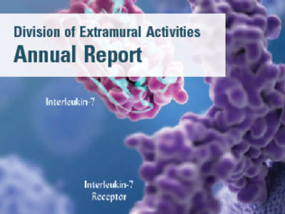 An image of cells with a white box overlay with the text Division of Extramural Activities Annual Report
