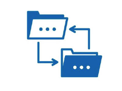 data sharing icon showing a white folder with an arrow pointing to a dark blue folder that has an arrow pointing back to the white folder