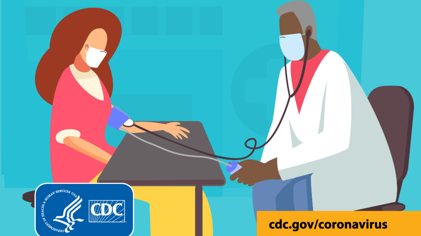 Cartoon of a patient with her doctor wondering if she should get a COVID-19 vaccine.