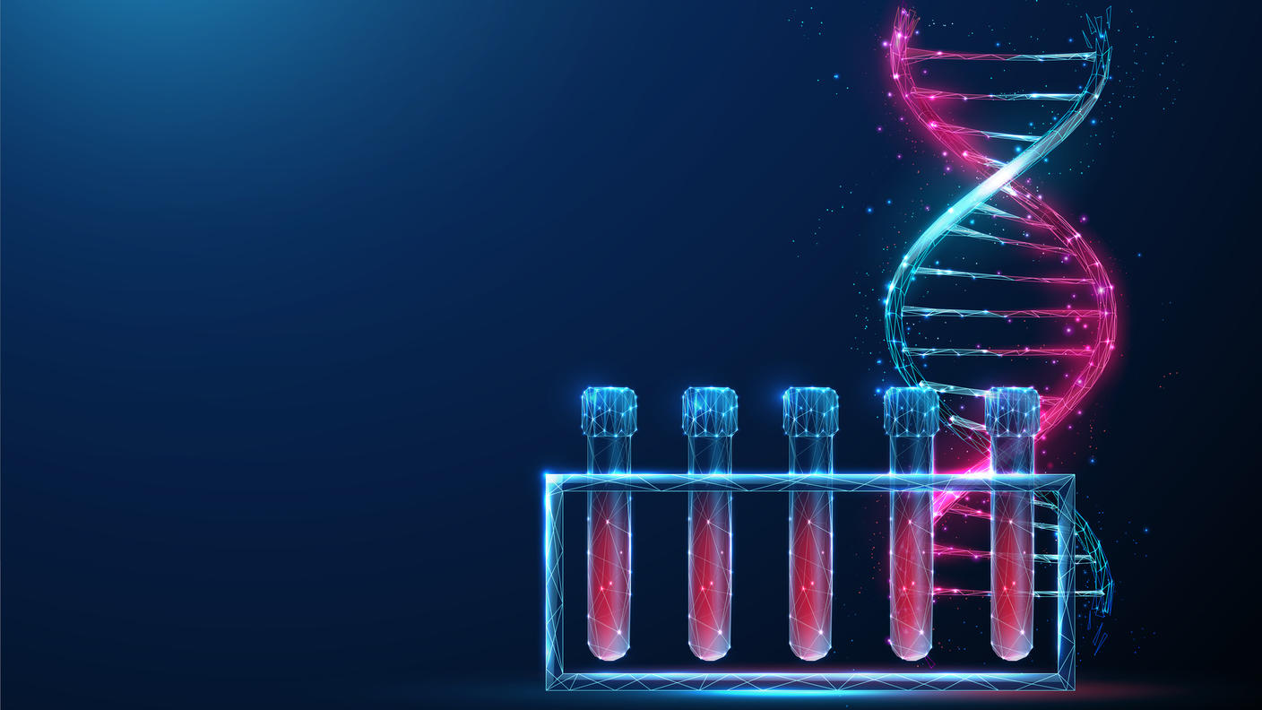Illustration of strand of DNA rising from test tubes