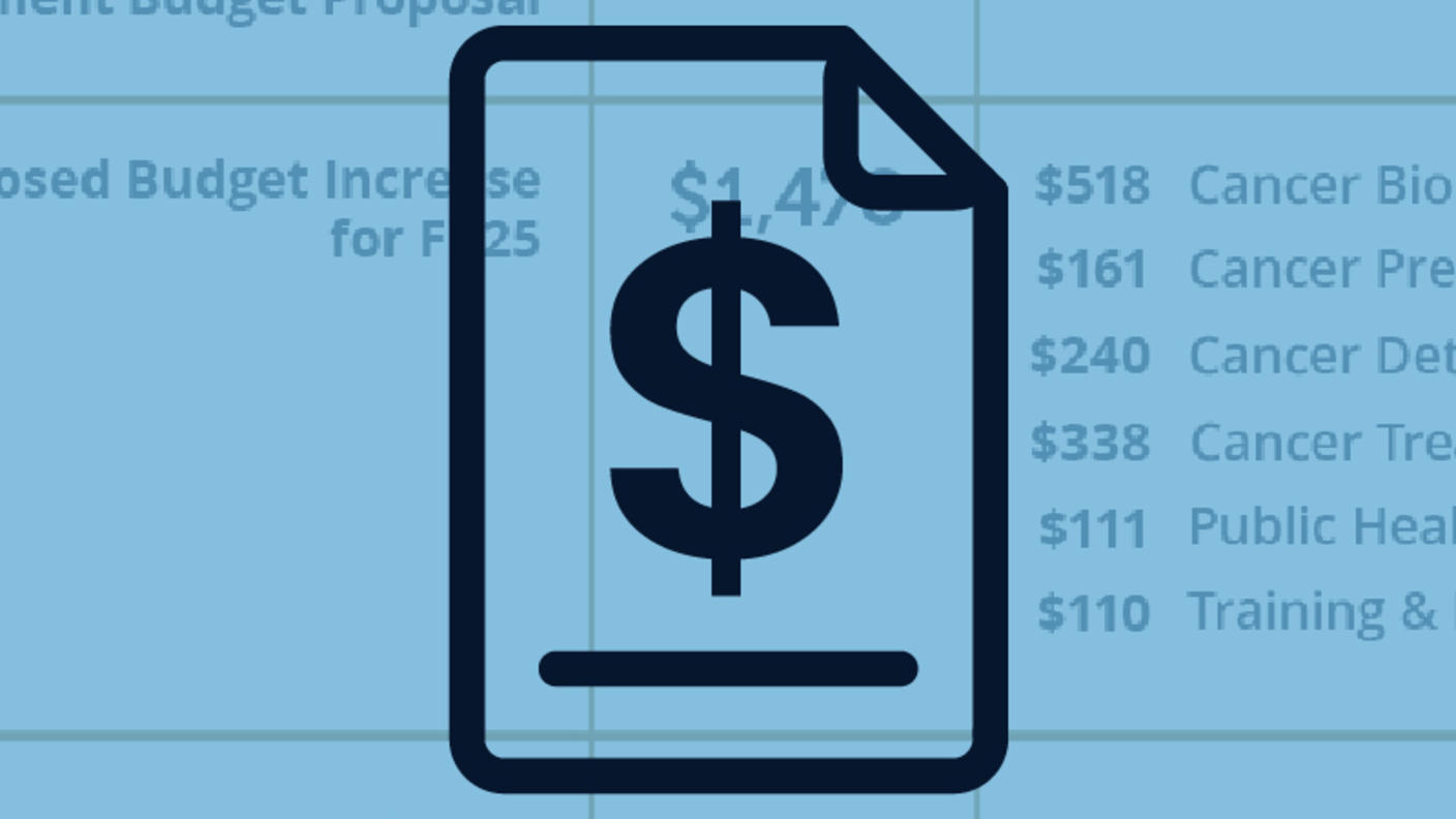 Dark blue icon of a dollar sign on a page, overlaid onto a blue background showing cells from a budget spreadsheet.
