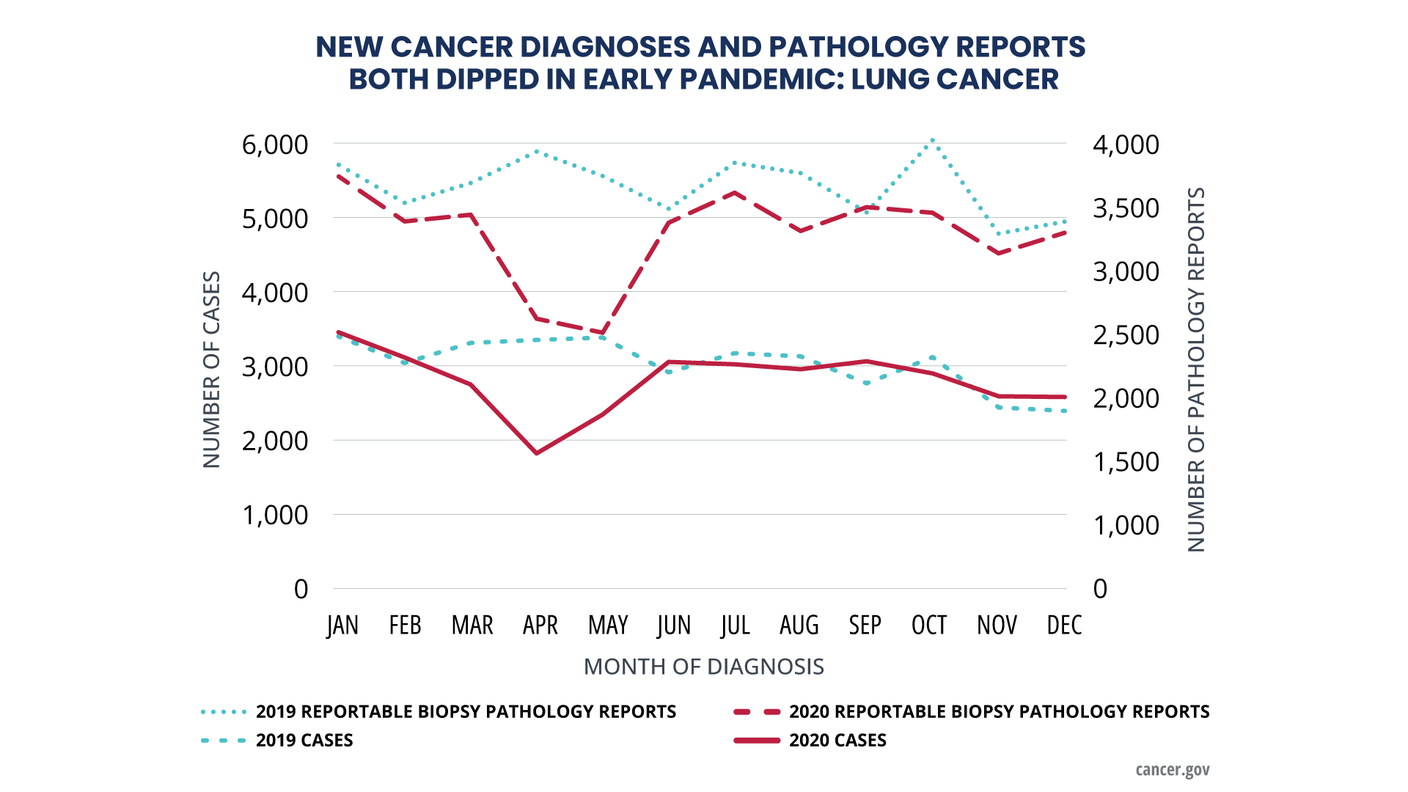 A graph showing a dip in new cancer diognoses and pathology reports in the early part of 2020. 