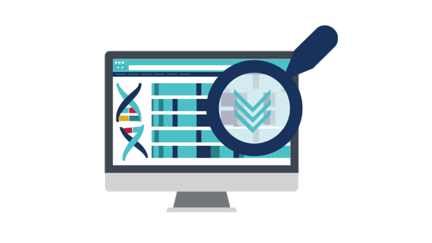 Computer screen showing DNA, with a magnifying glass highlighting part of the screen.