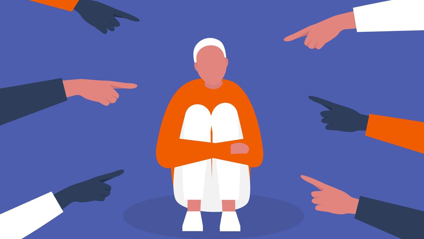 Ilustración de una persona en cuclillas que es señalada por manos que aparecen a ambos lados de la imagen.