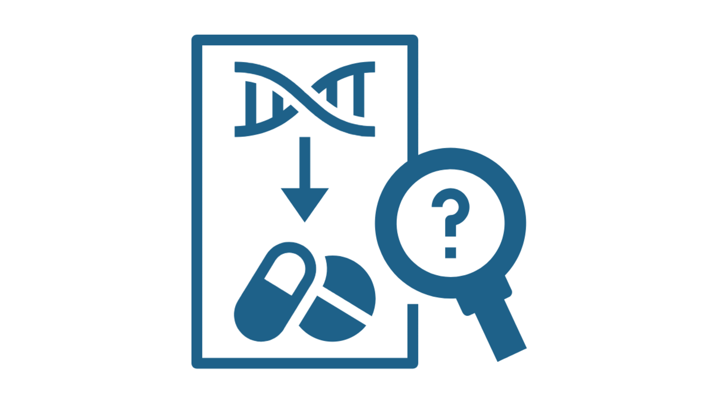 Icon showing a strand of DNA then an arrow pointing down to pills. This is next to a magnifying glass with a question mark.