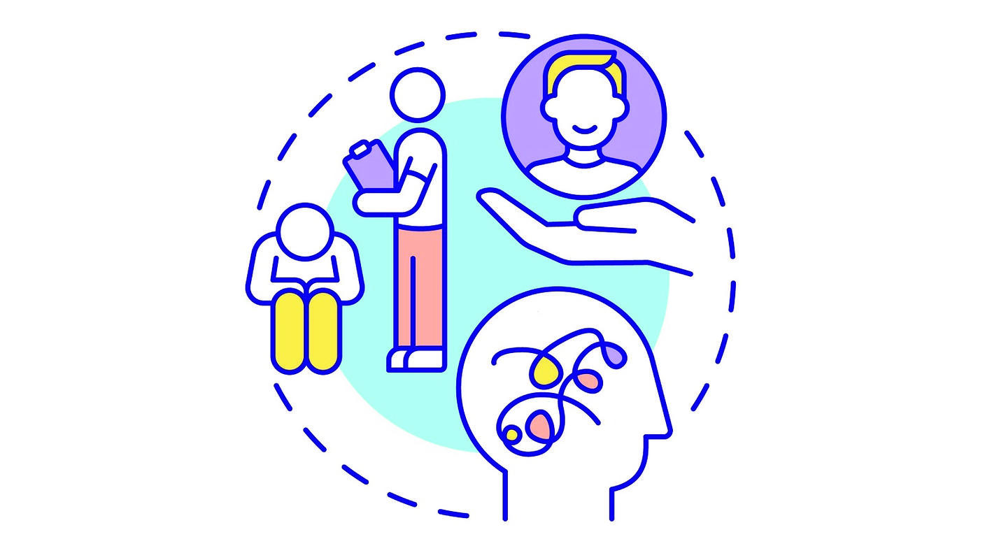 A icon containing three distinct scenes within a dotted circle. The first shows a seated person with their head bowed while a person with a clipboard stands next to them; the second shows a side view of a hand with a circle containing a smiling head floating above the hand; the last shows a silhouette of a head with squiggly lines where the brain would reside.