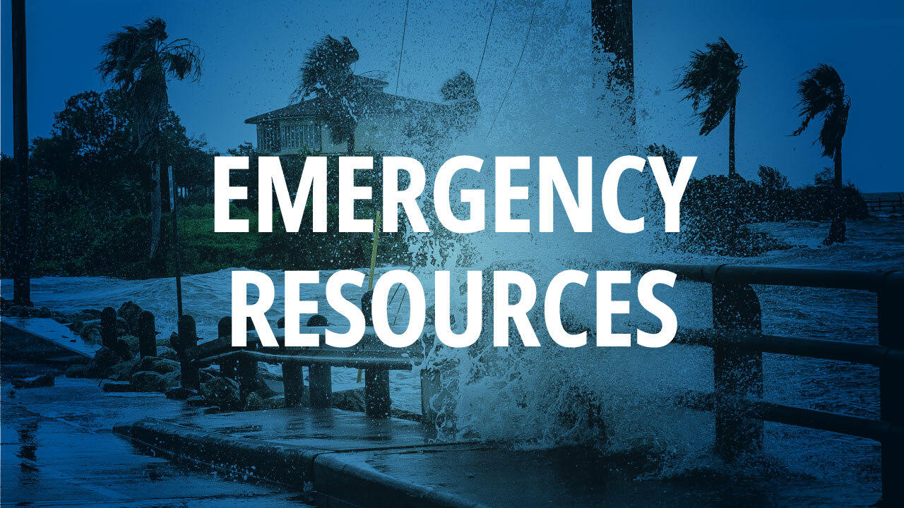 Emergency Resources, in the background a flooded street and stormy weather.