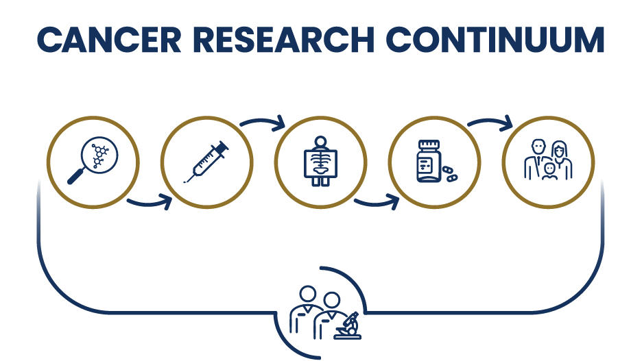Diagram with icons depicting components of the cancer research continuum and their connection to the training and research infrastructure.