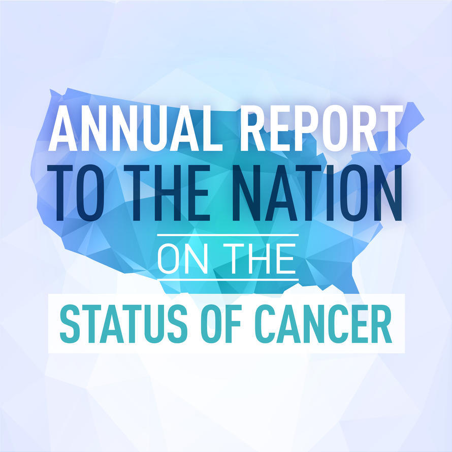 The United States map with a triangle gradient pattern of blue and teal shades and text overlay: "Annual Report to the Nation on the Status of Cancer."