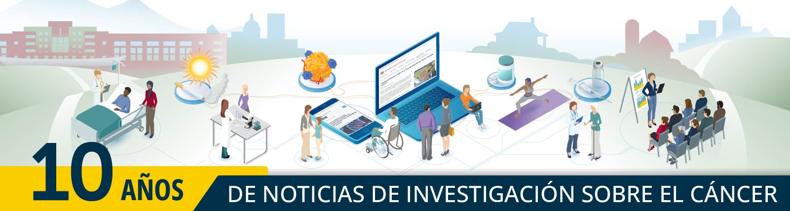 Ilustración del décimo aniversario del blog de noticias de investigación sobre el cáncer del NCI. Se muestra escenas de un paciente en un hospital, investigadores en un laboratorio, un modelo tumoral, una computadora y un móvil con artículos de investigación, actvidad física, una consulta clínica y una presentación de un investigador.