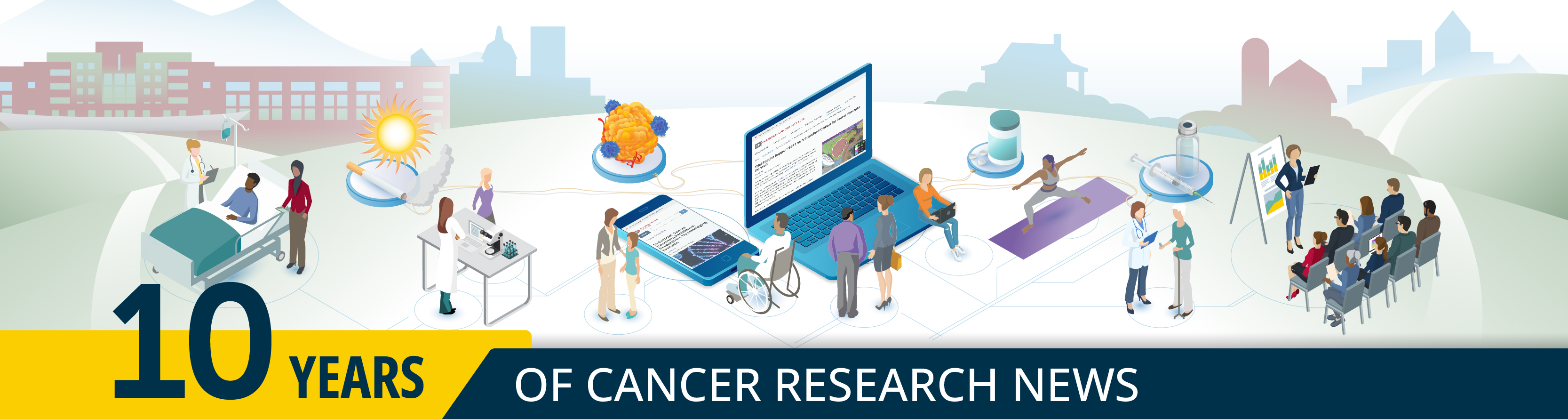An illustrated banner to mark the 10-year anniversary of NCI's Cancer Currents research news blog. The design features interconnected scenes: a patient receiving care, a researcher in a lab, a tumor model, a laptop and mobile device displaying research articles, fitness activity, a clinical setting, and a researcher giving a scientific presentation. The foreground includes bold text that reads '10 Years of Cancer Research News. The background showcases rolling hills and abstract buildings.