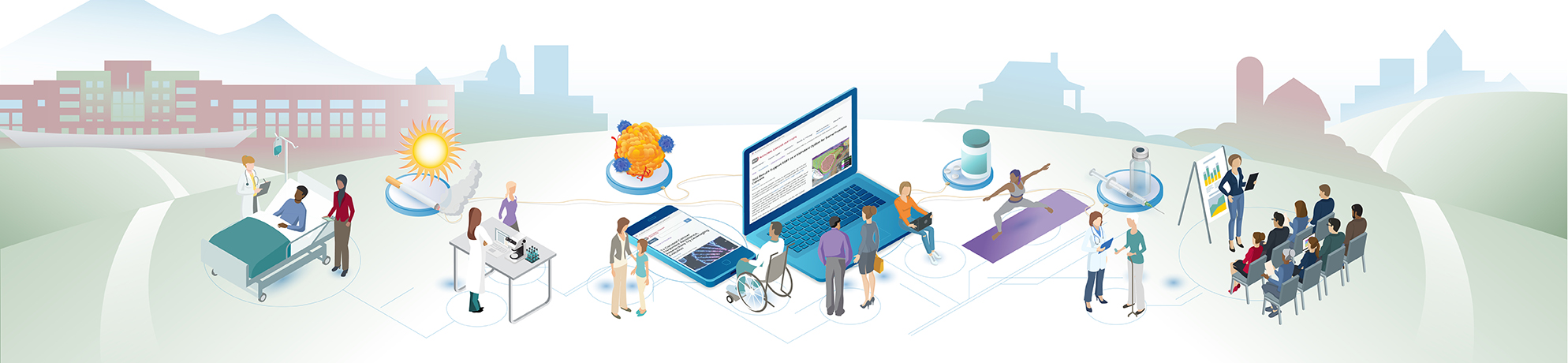 An illustrated banner to represent NCI's Cancer Currents research news blog. The design features interconnected scenes: a patient receiving care, a researcher in a lab, a tumor model, a laptop and mobile device displaying research articles, fitness activity, a clinical setting, and a researcher giving a scientific presentation. The background showcases rolling hills and abstract buildings.