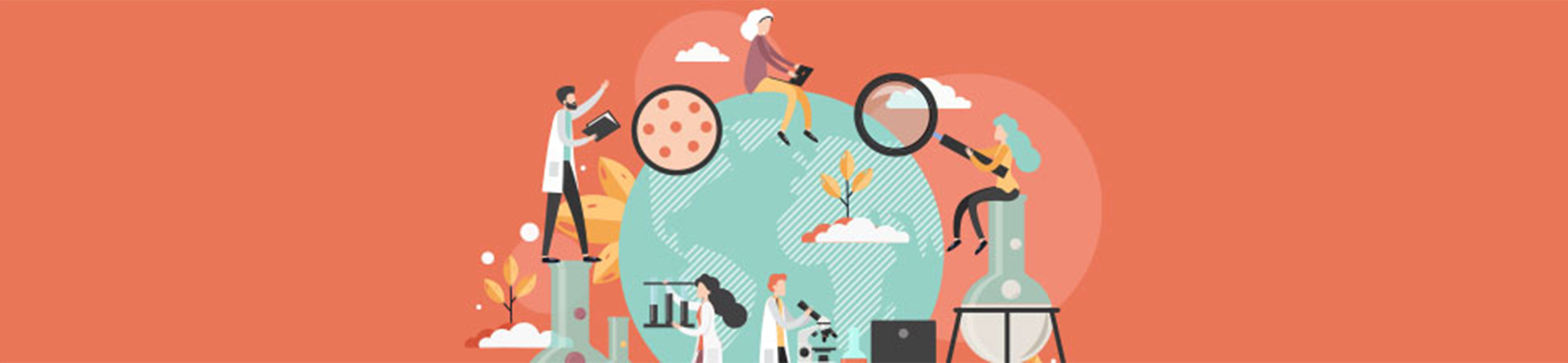 Illustration with people depicted engaging in scientific activities around a globe