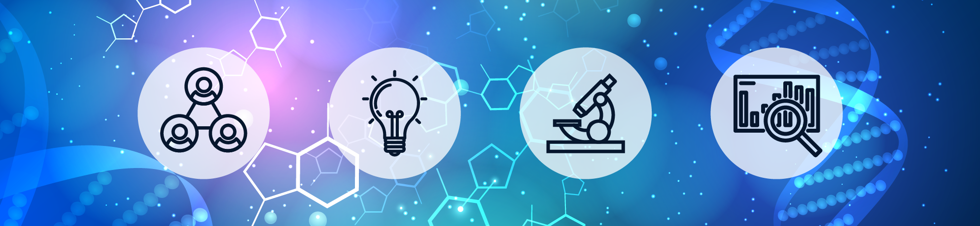 Four icons: Connections, Lightbulb, Microscope, and Analysis