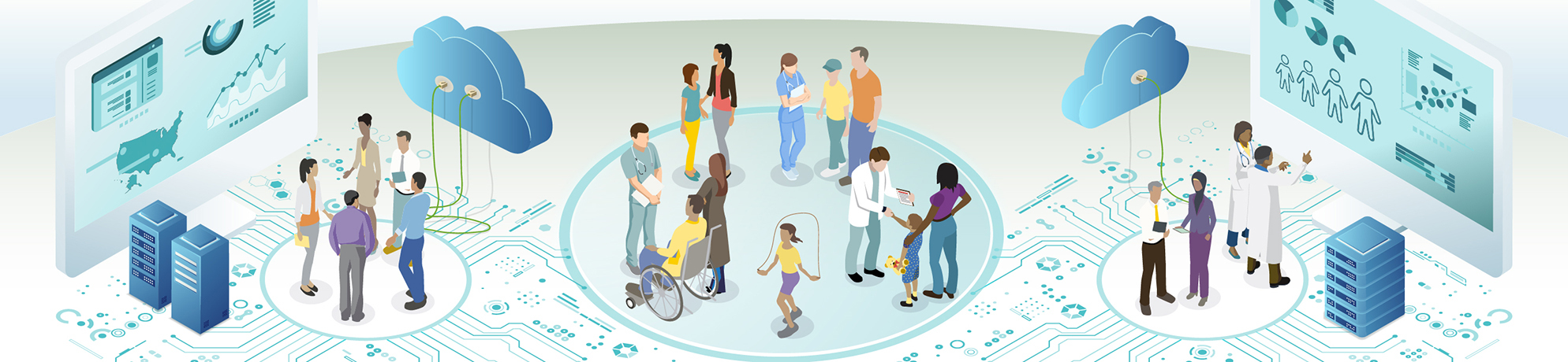 An illustrated banner featuring interconnected scenes: researchers and data scientists with monitors displaying data, supercomputers, and cloud resources on the left and right side of the banner. In the middle of the banner, there are patients (children, adolescents, and young adults), families, pediatric oncologists, and other healthcare professionals.