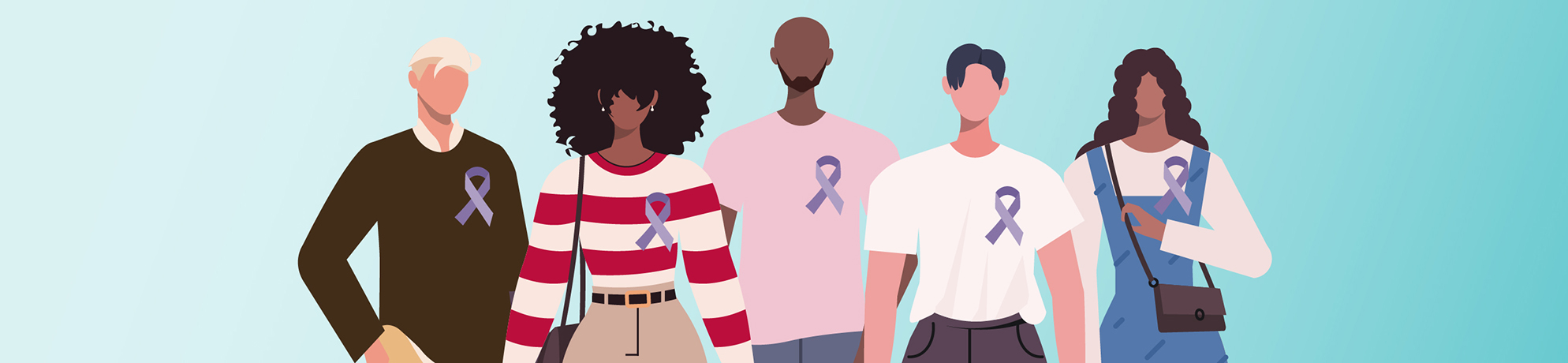 Illustration of five, young individuals standing side by side, each wearing a lavender ribbon on their clothing, symbolizing awareness or support for those diagnosed with cancer.awareness or support for a cause.