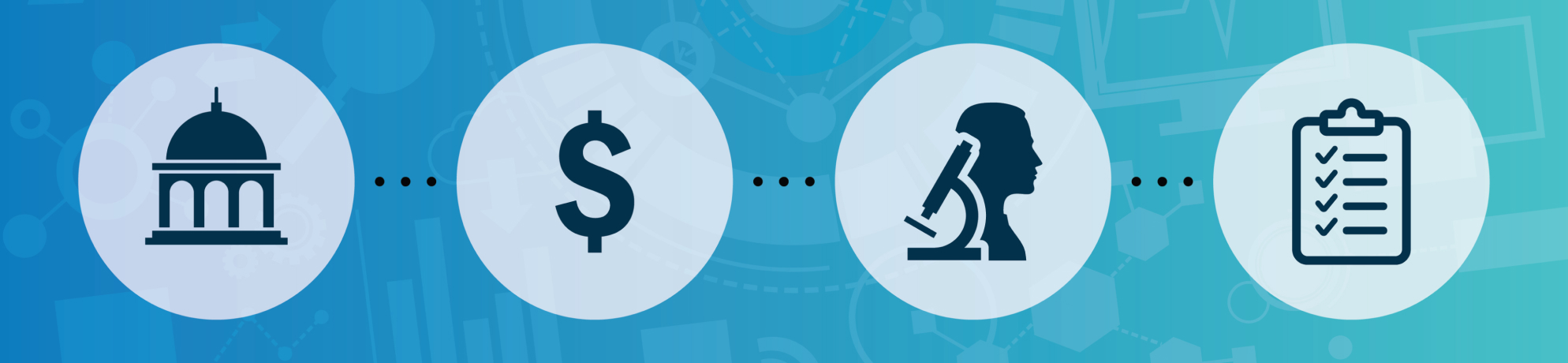 Icons of a capital dome, dollar sign, a researcher with microscope and clipboard with a checklist