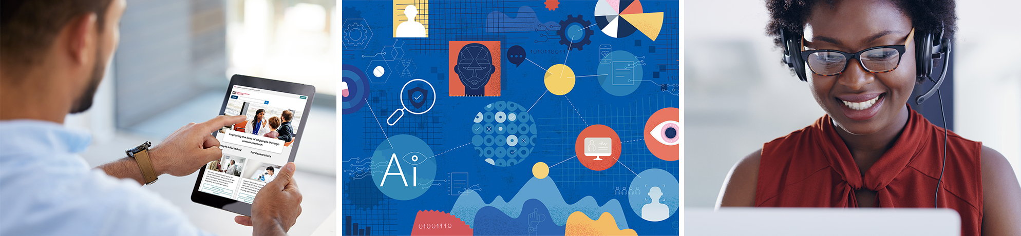 A collage of photos of someone on Cancer.gov with a tablet, abstract image, and a woman on a computer