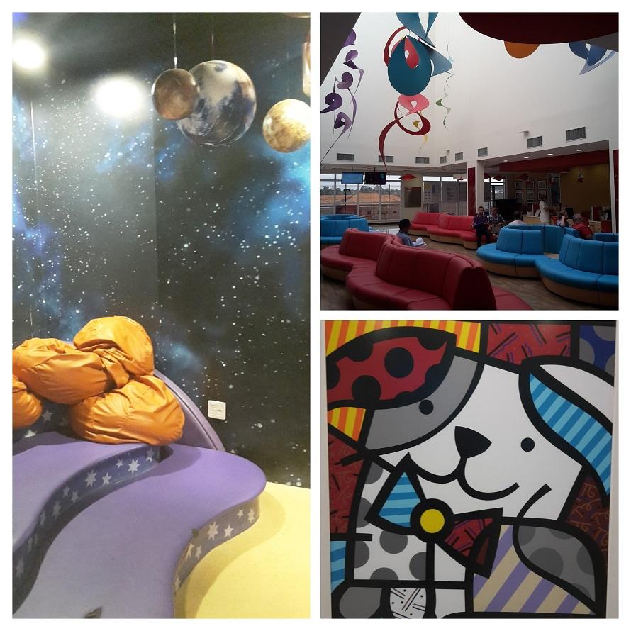 Three-panel image of the Barretos Children’s Cancer Hospital designed with child-friendly spaces. Left panel: A space-themed room with planets hanging from the ceiling and a purple star-patterned seating area with orange cushions. Top right: A waiting area with bright red and blue curved seating and colorful hanging decorations from the ceiling. Bottom right: A whimsical cartoon dog artwork in a Britto-inspired colorful, patterned style.