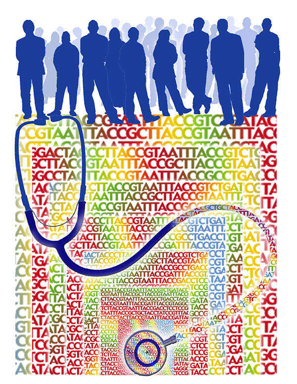 Silhouettes of people in dark blue sit above blocks of the letters ACGT. The letters go from larger to smaller from the top and outside of the image to the bottom center. The letters are gradients of yellow, orange, red, and green. A silhouette of a stethoscope starts in dark blue and is overlaid with the ACGT type treatment as it moves down to the stethoscope bell at the bottom center.