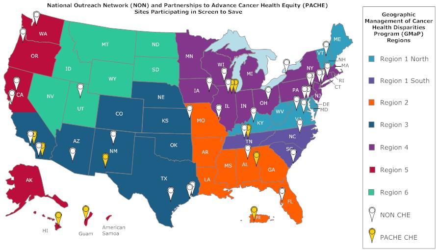 Map of the United States showing National Outreach Network (NON) and Partnerships to Advance Cancer Health Equity (PACHE) sites participating in the Screen to Save initiative. The map is divided into seven regions across the country. White markers denote NON CHE (community health educator) sites and yellow markers denote PACHE CHE sites. There are more NON sites than PACHE sites, and the majority of the NON sites are located in the northeastern part of the country.