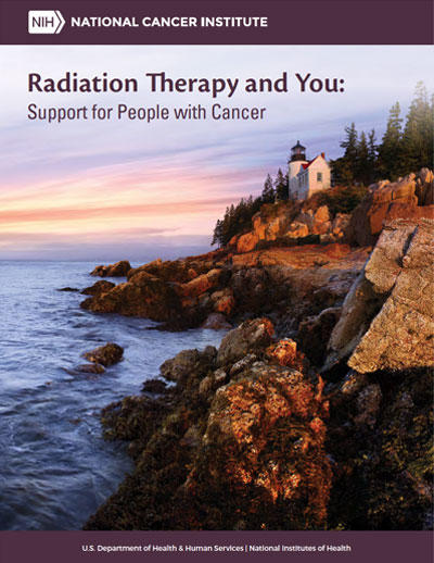 Cover for the book titled Radiation Therapy & You featuring a serene coastal scene with a lighthouse on a rocky shore, surrounded by trees. 
