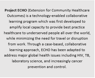 Informational graphic about Project ECHO, a collaborative learning model designed to expand access to healthcare knowledge and improve care in underserved communities worldwide.