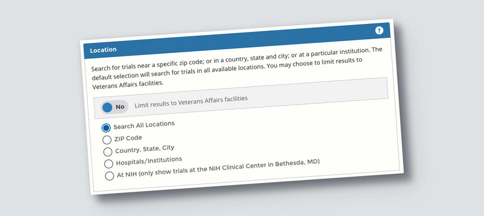 Location search for finding clinical trails.