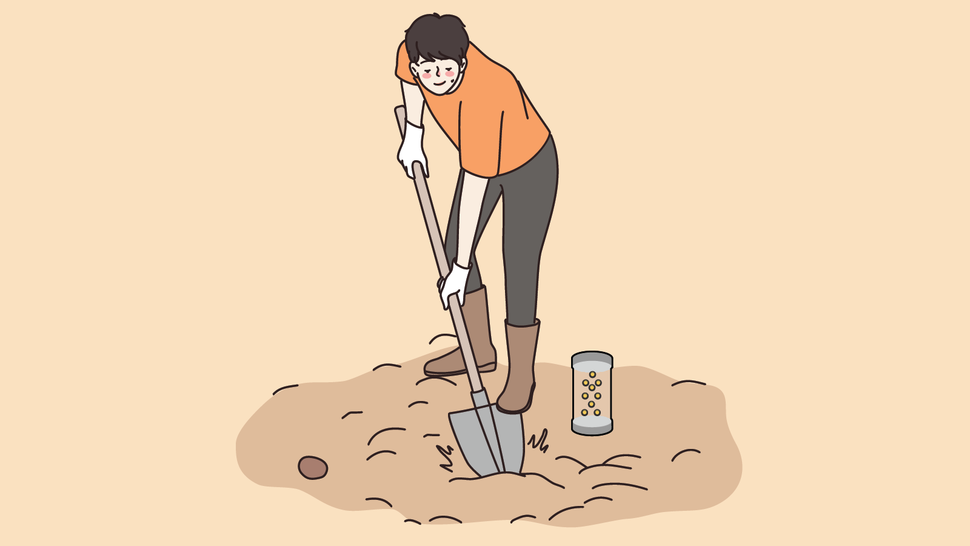 Illustration of a man digging a hole with a shovel. Sitting next to him is a time capsule, which is the object that will be buried by the man.