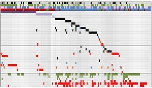 Genomic sequencing chart displaying genetic alterations across different pediatric rhabdomyosarcoma subtypes, with various colored markers and patterns representing different genomic changes organized in rows and columns to show the molecular landscape of this childhood cancer.
