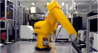 Yellow robotic arm in a laboratory conducting high-throughput matrix screening to identify synergistic drug combinations, working within a controlled containment environment among various scientific equipment.