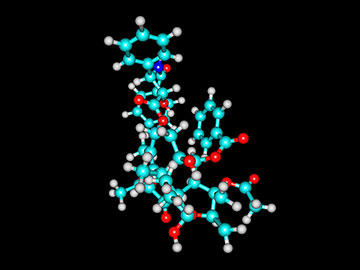 A 3d computer generated molecular model of Taxol. Most of the circles and connectors are teal; the remaining circles and connectors are grey and red, with one blue circle. 
