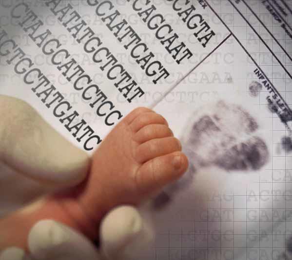A closeup of a latex gloved hand holding a newborn’s foot over a piece of paper with the newborn’s inked footprint. To the left of the footprint, the letters ACGT repeat in different patterns.