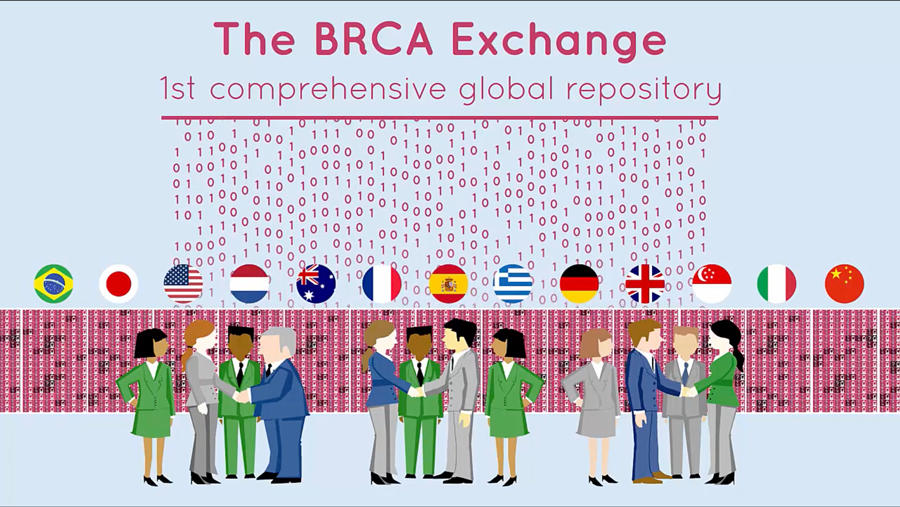 Illustration promoting The BRCA Exchange as the first comprehensive global repository, featuring international flags from various countries and stylized figures in business attire collaborating below cascading binary code.