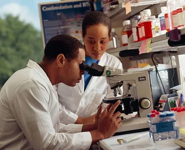 Two researchers in white lab coats working together in a laboratory, with one person looking into a microscope while the other observes, surrounded by laboratory equipment and supplies.